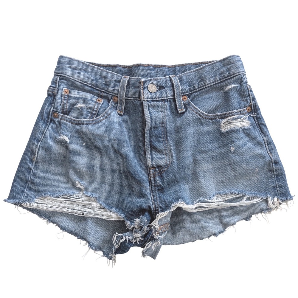 Levis 501 Original Distressed Denim Shorts Medium Wash High Rise Cut‎ Offs 27W